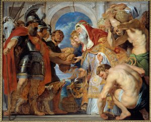 Abraham i Melchizedek. Wracając ze zwycięskiej kampanii, Abraham spotkał Melchizedeka (lub Melchizedeka lub Melchizedeka lub Melchizedeka lub Melchizedeka), króla Salemu, który przyniósł mu chleb i wino. Był księdzem i wypowiedział to błogosławieństwo: autorstwa Peter Paul Rubens