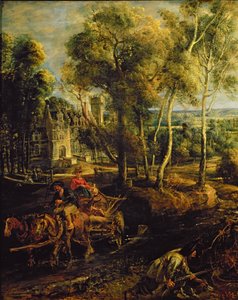 Jesienny pejzaż z widokiem na Het Steen wczesnym rankiem, ok. 1636 olej na płycie, detal z 211075 autorstwa Peter Paul Rubens