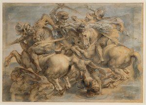 Bitwa pod Anghiari (brązowy tusz, czarny kamień, pędzel, pióro, podkreślone gwaszem i bielą ołowiową) autorstwa Peter Paul Rubens