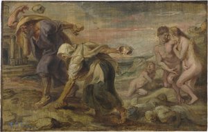 ""Deucalion and Pyrrha"" Peinture de Pieter Paul Rubens (1577-1640) vers 1636 - Olej na desce Dim 26,4x41,7 cm Museo del Prado, Madryt autorstwa Peter Paul Rubens