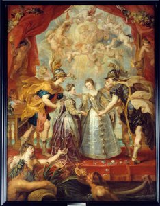 Wymiana dwóch księżniczek Francji i Hiszpanii na rzece Bidassoa w Hendaye, 11.09.1615 Alegoryczne przedstawienie małżeństwa Anny Austrii i Ludwika XIII z jednej strony, między Izabelą Francuską (1602-1644) a Filipem IV z drugiej strony autorstwa Peter Paul Rubens