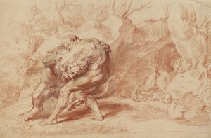 Herkules duszący lwa nemejskiego, ok. 1620 (czerwona, żółta i czarna kreda, pędzel, czerwony tusz i gwasz na papierze) autorstwa Peter Paul Rubens