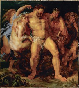 Herkules, pijany, prowadzony przez nimfę i satyra, ok. 1612-14 (obraz na drewnie dębowym) autorstwa Peter Paul Rubens