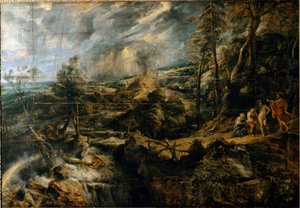 Krajobraz Tempete ze starymi Frygami Filemonem i Baucisem (malarstwo, ok. 1620) autorstwa Peter Paul Rubens