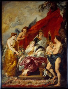 Ludwik XIII urodził się w Fontainebleau 27 września 1601 roku. Jego matka Marie de Medicis (Maria de Medici) zasiada na tronie i patrzy na nowy ne. Obraz Pierre Paul (Pierre-Paul) Rubens (lub Peter Paul lub Petrus Paulus) (1577-1640) autorstwa Peter Paul Rubens