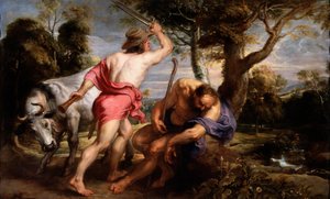 ""Merkury i Argus"" Zeus polecił Merkuremu uśpić Argusa, strażnika Io, przemienionego w jałówkę przez Herę (Merkury i Argusa) Obraz Pietera Paula Rubensa (1577-1640) 1636-1638 Dim 180x298 cm Museo del Prado, Madryt autorstwa Peter Paul Rubens
