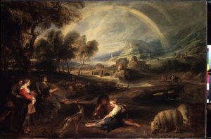 Krajobraz z tęczą. Obraz Petera Paula (Pierre-Paul) Rubensa (lub Peter Paul lub Petrus Paulus) (1577-1640). Olej na płótnie, 86 x 130 cm, początek 1630. Sztuka flamandzka, sztuka barokowa. Muzeum Ermitażu w Sankt Petersburgu. autorstwa Peter Paul Rubens