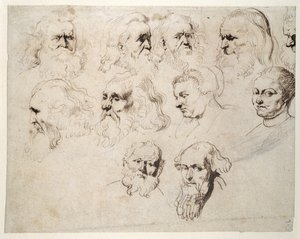 Siedem badań głowy starszego brodatego mężczyzny, z dwoma innymi głowami różnych mężczyzn i dwoma kobietami, jedno z czapką, ok. 1616 (pióro i atrament z kredą na papierze) autorstwa Peter Paul Rubens
