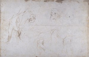 Studia postaci męskiej przywiązanej do drzewa i dwóch głów mężczyzny, ok. 1601 (pióro i atrament na papierze) autorstwa Peter Paul Rubens