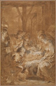 Adoracja pasterzy, ok. 1613-4 (pióro i brązowy tusz z brązowym rozmyciem i białym gwaszem) autorstwa Peter Paul Rubens