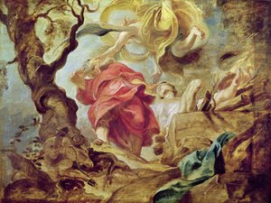 Ofiara Izaaka, szkic przekroju stropu w kościele jezuickim, Antwerpia, 1620-21 autorstwa Peter Paul Rubens
