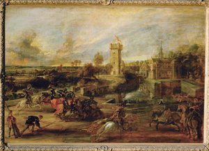 Turniej w pobliżu fosy zamku Steen (obraz na drewnie) autorstwa Peter Paul Rubens