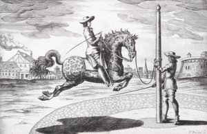 Koń en Capriole z Nowego traktatu o hodowli koni autorstwa Wintersa, Stutereya i Reit-Schula, sztychowany przez artystę, wyd. 1672 grawerowanie autorstwa Peter Paul Troschel