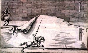Dwóch kawalerzystów trenujących z kopiami z „Nowego traktatu o hodowli koni” autorstwa Wintersa, Stutereya i Reit-Schula, wyd. 1672 (grawerowanie) autorstwa Peter Paul Troschel