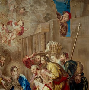 Adoracja Dzieciątka Jezus, fragment arrasu szkoły flamandzkiej, ok.1600-50