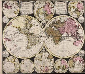 Diversa orbis Terrae visu incedente per coluros Tropicorum ambos ejus polos et particularis sphaerae zenith in planum orthographica projectio quibus additae pro variato horizonte omnium positiones eorumdemque mutua cum circulis caelestibus relatio  Plat O