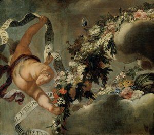 Putto z nitką kwiatową i transparentem autorstwa Peter Strudel