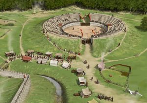 Widzowie przybywają do Silchester Roman City Amphitheater c250 AD, c1990-2010