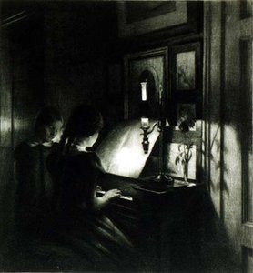 Dziewczyny przy fortepianie (mezzotinta) autorstwa Peter Vilhelm Ilsted