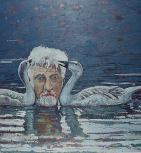 Konrad Lorenz z Goslingami, 2000 (olej na płótnie) autorstwa Peter Wilson