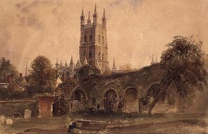 Katedra w Gloucester z ruinami kościoła św. Katarzyny, ok. 1840 (akwarela z wydrapanymi refleksami na papierze) autorstwa Peter de Wint