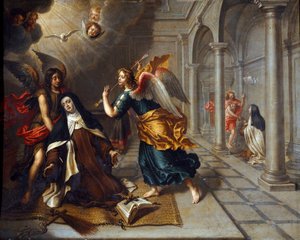 Św. Teresa z Avila (od Dzieciątka Jezus) (1515-1582) spotyka anioła, który przebija serce jego złotej zaszewki Obraz Petera Van Lindta (XVII w.) wym. 85x70 cm Geny, Galleria di Palazzo Bianco