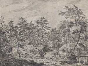 Krajobraz leśny z jeźdźcem rozmawiającym z mężczyzną pośrodku, po prawej kładka, 1716 r. autorstwa Peter von Bemmel