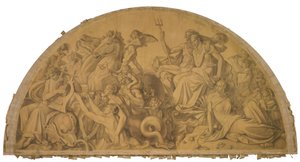 Die Wasserwelt lauscht dem Leierspiel des Arion, Bogenfeld. Karton zu den Deckenbildern der Münchner Glyptothek autorstwa Peter von Cornelius