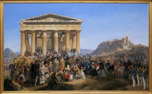 Wjazd greckiego króla Otona I (1815-1876) do Aten, witany przez tłum przed świątynią Hefajstosa (Hefajstosa) (Hefajstosa) lub Tejonu na Agorze (Grecja)