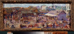 Rynek w Pskowie (Rosja). Praca Piotra Iwanowicza Pietrowiczewa (Piotr Pietrowiczew) (1874-1947), olej na tekturze autorstwa Petr Ivanovic Petrovichev