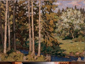 Jabłonie w maju. Malarstwo Piotra Iwanowicza Pietrowiczewa (Piotr Pietrowiczew) (1874-1947), olej na płótnie. Sztuka rosyjska, pejzaż XX wieku, modernizm. Regionalna Galeria Sztuki, Czelabińsk (Rosja).