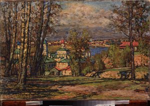 Widok Moskwy z Vorobiev Gori (Wróblich Wzgórz) (na prawym brzegu Moskwy). Malarstwo Piotra Iwanowicza Pietrowiczewa (Piotr Pietrowiczew) (1874-1947), olej na płótnie
