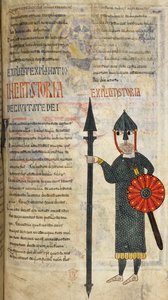 Wizygocki żołnierz ubrany w kolczugę do kolan i legginsy, ilustracja z „Beatus of Liébana” autorstwa Petrus Petrus