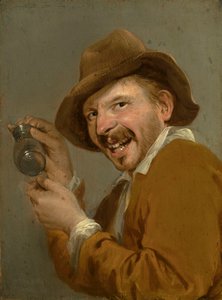 Smak: Roześmiany mężczyzna z odwróconą szklanką. Z cyklu Personifikacje Pięciu Zmysłów, ok. 1635-66 (olej na drewnie) autorstwa Petrus Staverenus