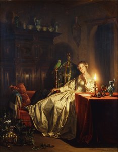 Wnętrze oświetlone świecami z damą siedzącą przy stole, 1865