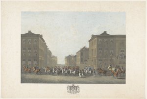 Orkiestra na inauguracji Wilhelma I w Brukseli 21 września 1815 r. Dwanaście tablic przedstawiających przybycie i inaugurację Wilhelma I w Brukseli oraz bitwy pod Quatre-Bras i Waterloo w 1815 roku (tytuł serii) autorstwa Philibert Louis Debucourt