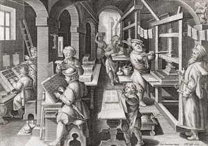 Drukarnia europejska ok. 1590 r. (grafika) autorstwa Philip (after) Galle