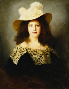 Portret Mici Lukacs, lat 10, ubrana w ciemnoniebieską sukienkę z koronkowym kołnierzem