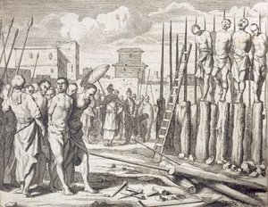 Przebicie niektórych buntowników”, Kara: masakra na palu, wyd. 1672. autorstwa Philip Baldaeus