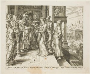 Judith przemawia do starszych Betulii, płyta trzecia z Historii Judyty i Holofernesa autorstwa Philip Galle