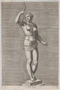 Ilustracja 7: Diana, posąg nagiej bogini stojącej na cokole, noszącej sierp księżyca w..., 1586.