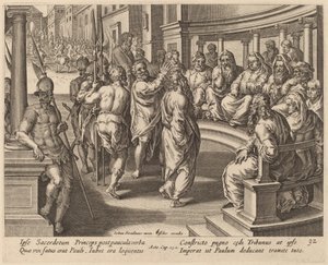 Św. Paweł przed Najwyższym Kapłanem autorstwa Philip Galle after Jan van der Straet