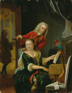 Portret dżentelmena i jego żony muzykujących we wnętrzu (olej na desce)