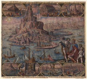Latarnia morska w Aleksandrii z cyklu Ósme cuda świata według Maartena van Heemskercka, 1572 autorstwa Philipp Galle