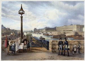 Luwr złowiony z mostu Pont Neuf - w „Promenade dans Paris et ses environs”, zaprojektowanym przez Jacotteta i Benoista, ok. 1930 r. 1840 autorstwa Philippe Benoist