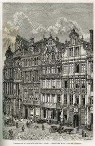 Stare domy na placu ratuszowym w Brukseli. Grawerowanie Ph. Benoist, ilustrujące historię Belgii autorstwa Camille Lemonnier, opublikowane w tour du monde, pod kierunkiem Edouarda Chartona (1807-1890), Paryż autorstwa Philippe Benoist