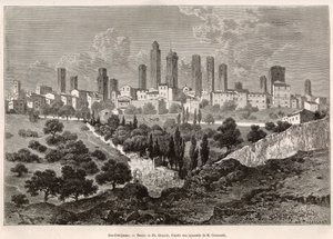 Widok na San Gimignano (Toskania, Włochy). Rycina według rysunku Ph. Benoista, ilustrującego podróż do Toskanii i Umbrii, autorstwa Francisa Weya, w 1875 r., opublikowana w „Le tour du monde” 1876, pod redakcją Edouarda Chartona, wyd. Hachette, Paryż. Selv