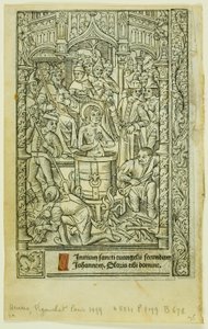 Męczeństwo św. Jana Ewangelisty (recto) i Kalendarz grudniowy (verso), z Księgi Godzin autorstwa Philippe Pigouchet