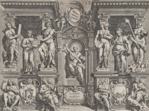Rycina alegoryczna z różnymi postaciami, osadzona w strukturze architektonicznej, 1608 r.