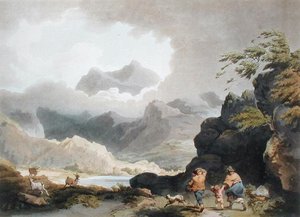 Snowdon, z „Romantycznej i malowniczej scenerii Anglii i Walii”, opublikowana w 1805 r. (kolorowa grawerunek)